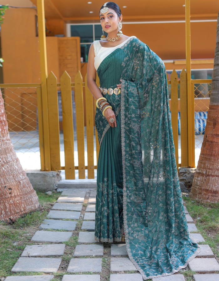 Teal Color Soft Silk Embroidery Work Saree