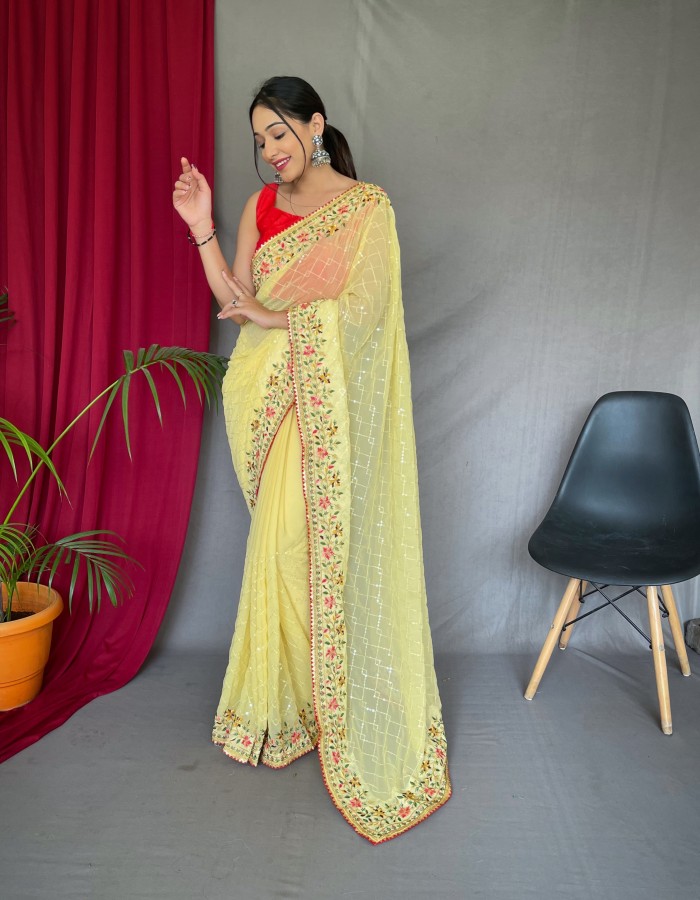 Yellow Color Embroidery Work Saree