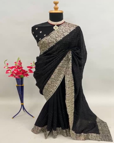 Black Color Embroidery Work Saree