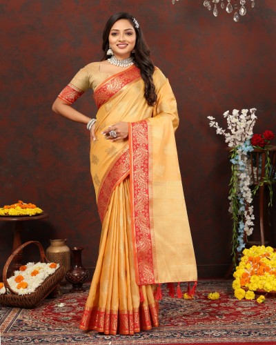 Yellow Color Cotton Silk Saree