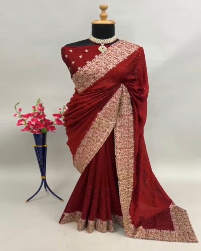 marron Embroidery Work Saree