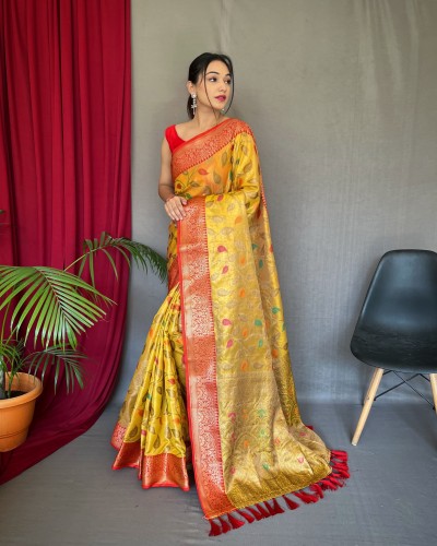 Yellow Color Tissue Silk Saree