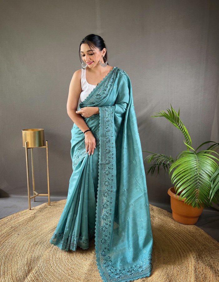 Rama Color Embroidery Work Saree