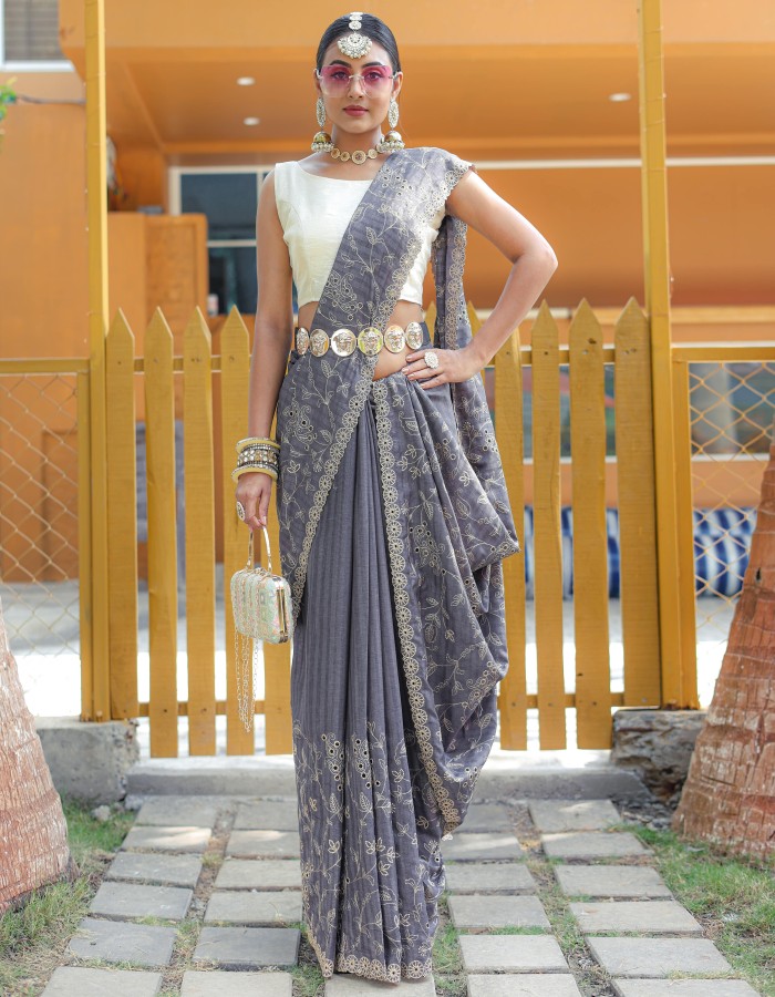 Gray Soft Silk Embroidery Work Saree