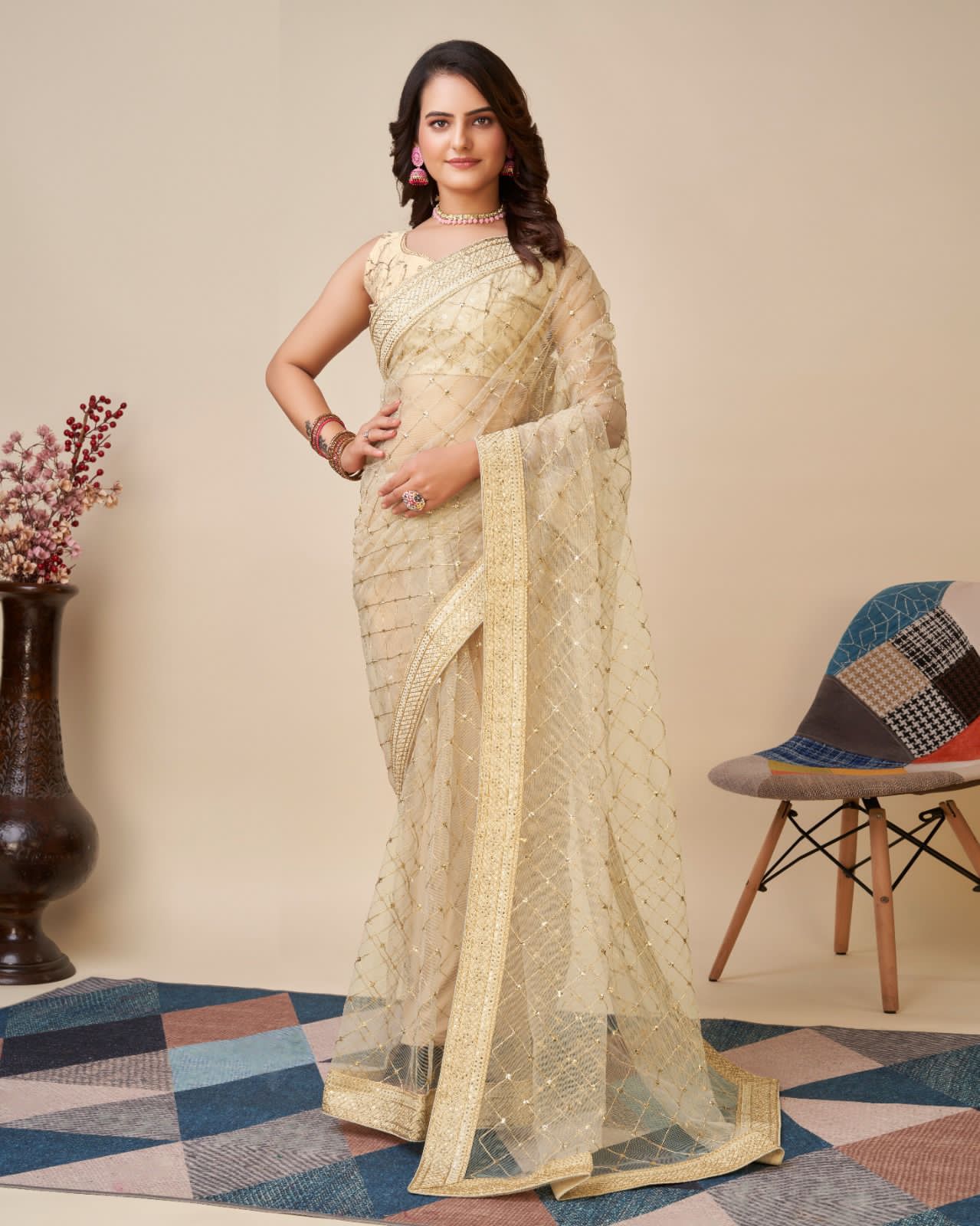 Chiku Soft Net Embroidery Work Saree