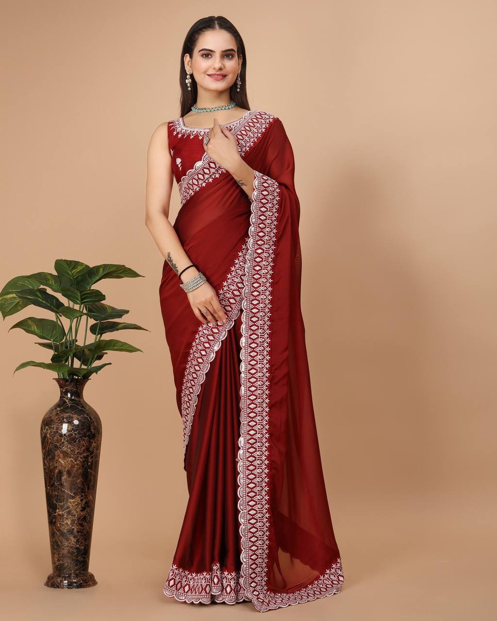 Red Color Embroidery Work Saree