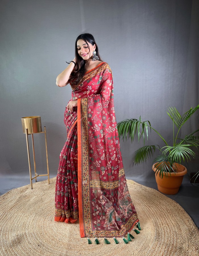 Peach Color Kalamkari Print Saree