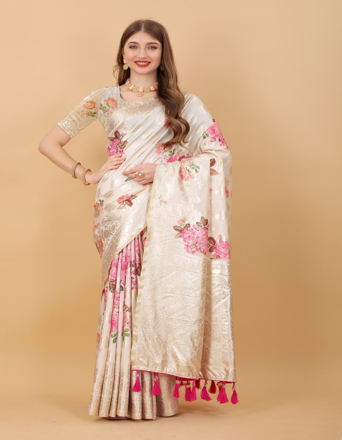 Rani Color Flower Printed Saree