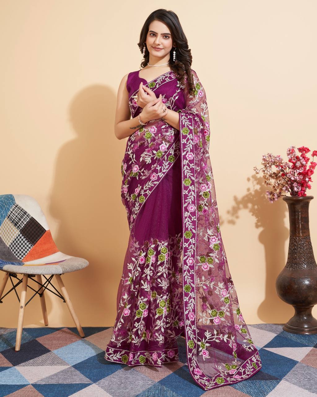 Purple Soft Net Embroidery Work Saree