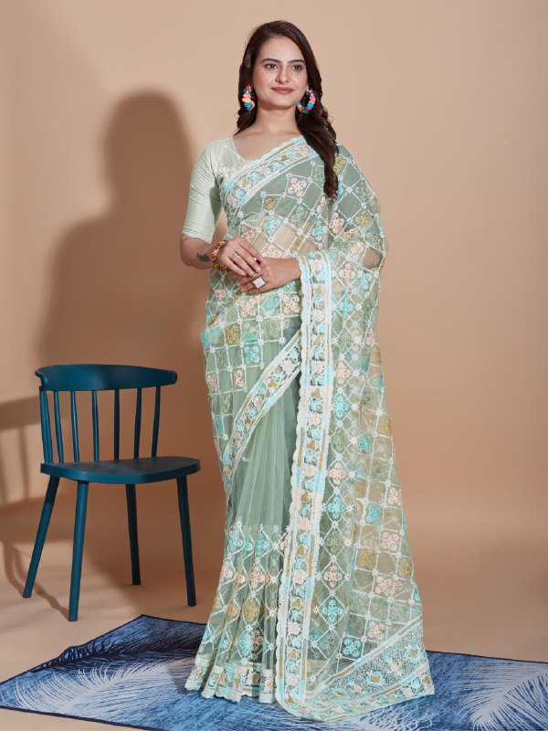 Green Color Soft Net Embroidery Work Saree