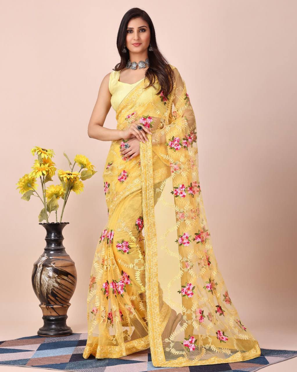 Yellow Color Soft Net Embroidery Work Saree