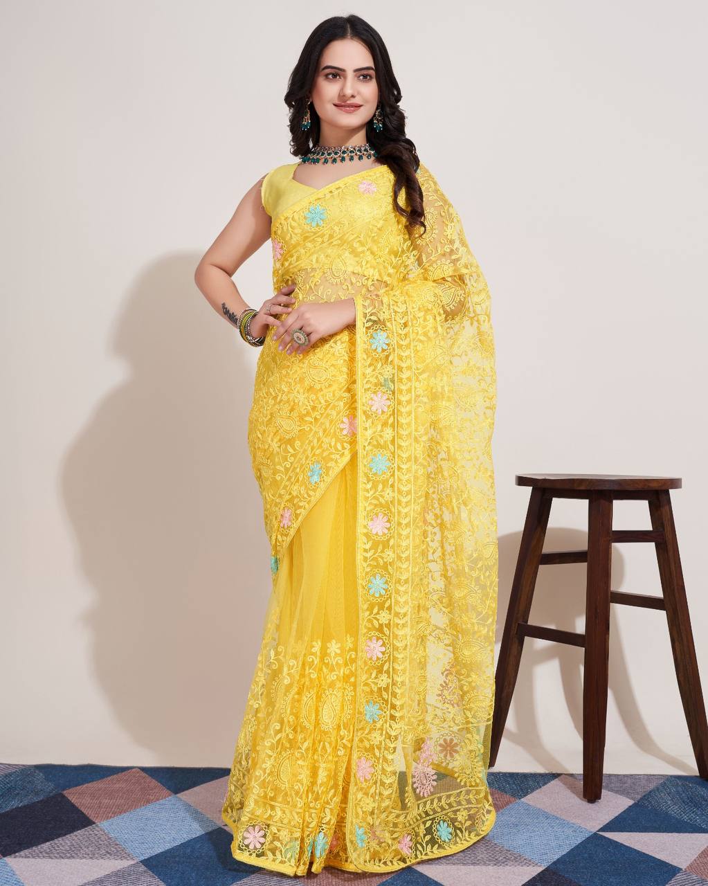 Yellow Soft Net Embroidery Work saree