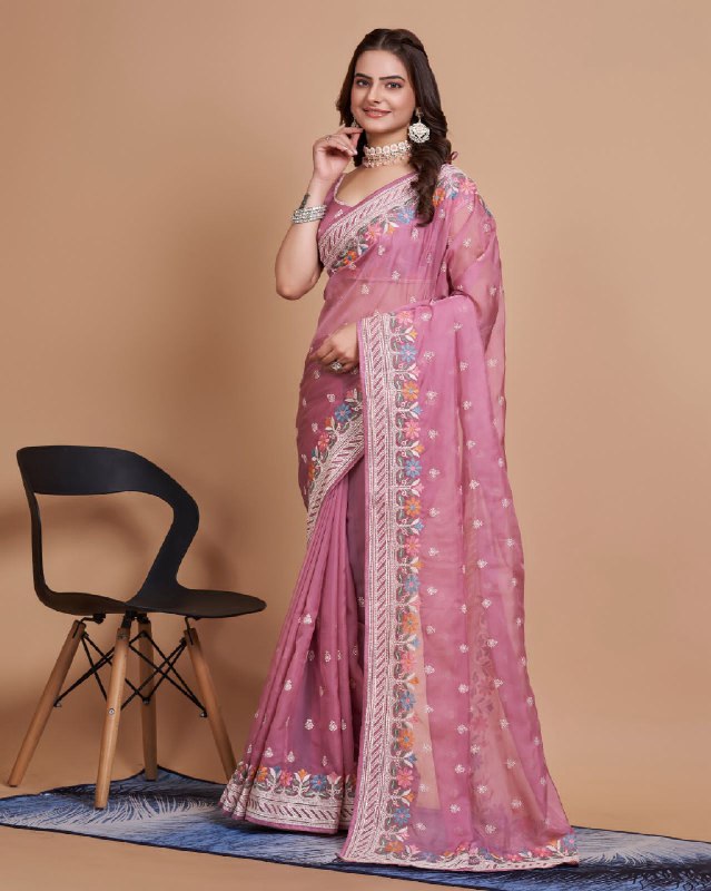 Gajri Organza Silk Embroidery Saree