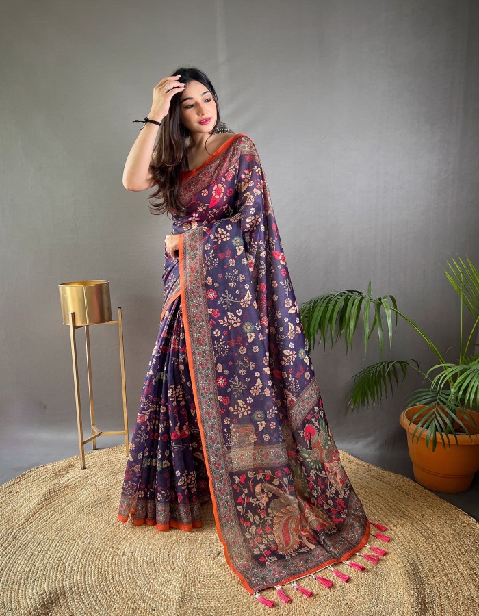 Navy Blue Kalamkari Printed Saree