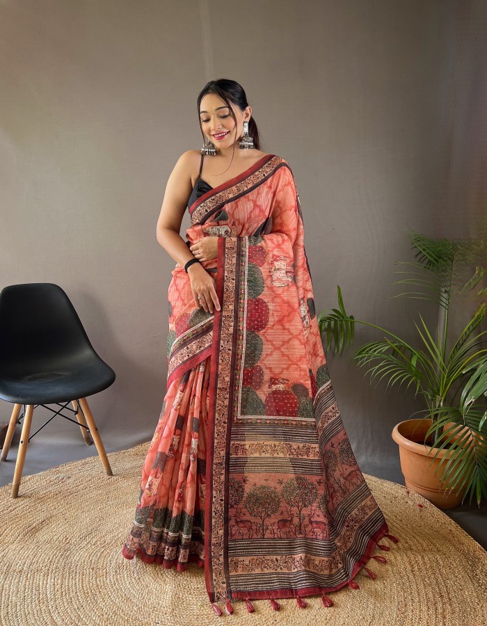 Peach printed Saree