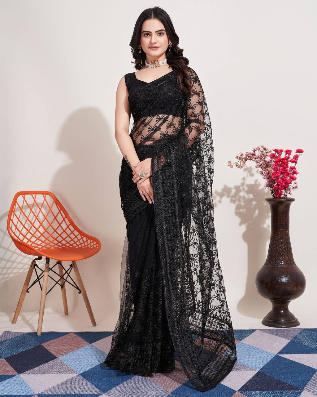 Black Net Embroidery Work Saree