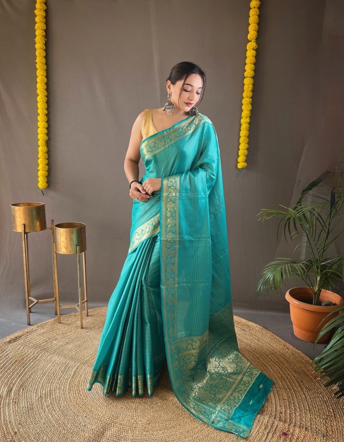 Sky Blue Soft Silk Checks Woven Saree