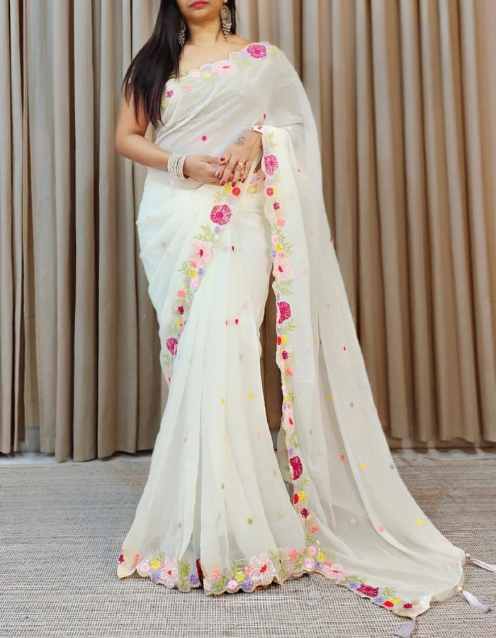 White Georgette Sequence Work Saree