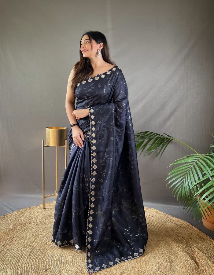 Black Color Ruhi Silk Embroidery Work Saree