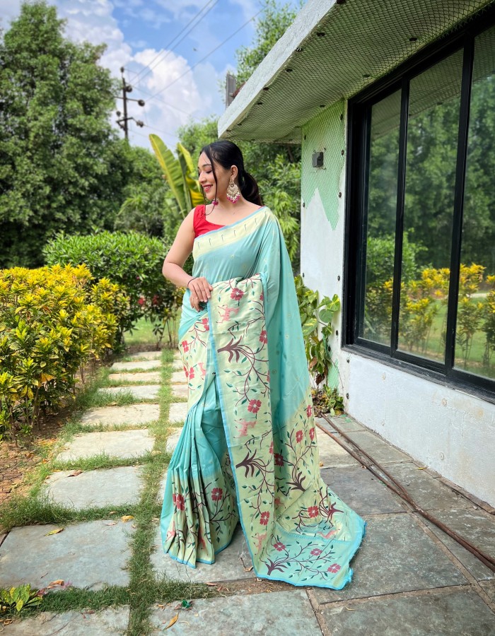 Sky Blue Traditonal Paithani Silk Saree