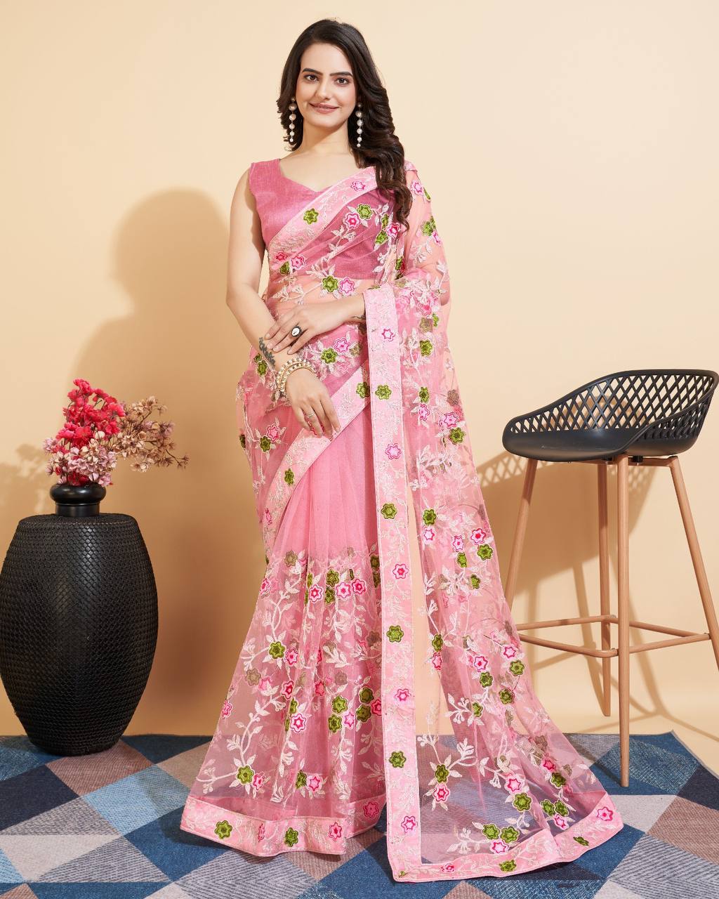 Light Pink Color Soft Net Work Saree