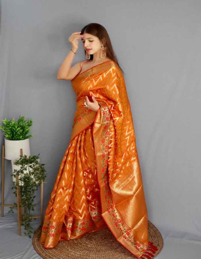 Orange Soft Kanjivaram Silk Saree