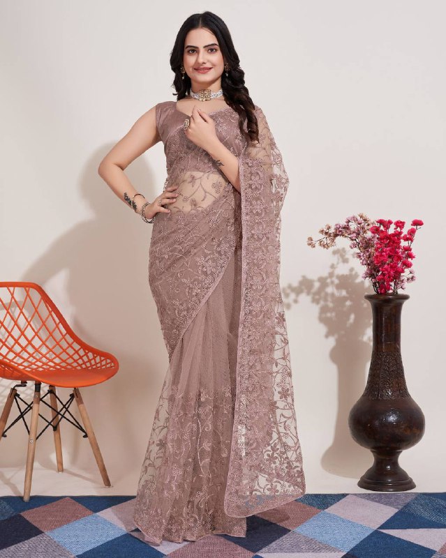 Coffee Color Soft Net Work Saree