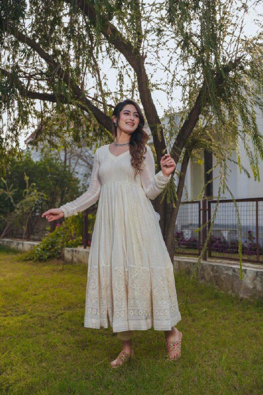 White Color Embroidery Work Gown