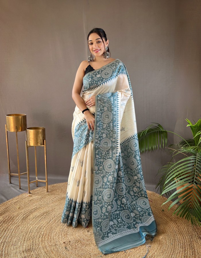 Royal Blue White Tussar Silk Saree