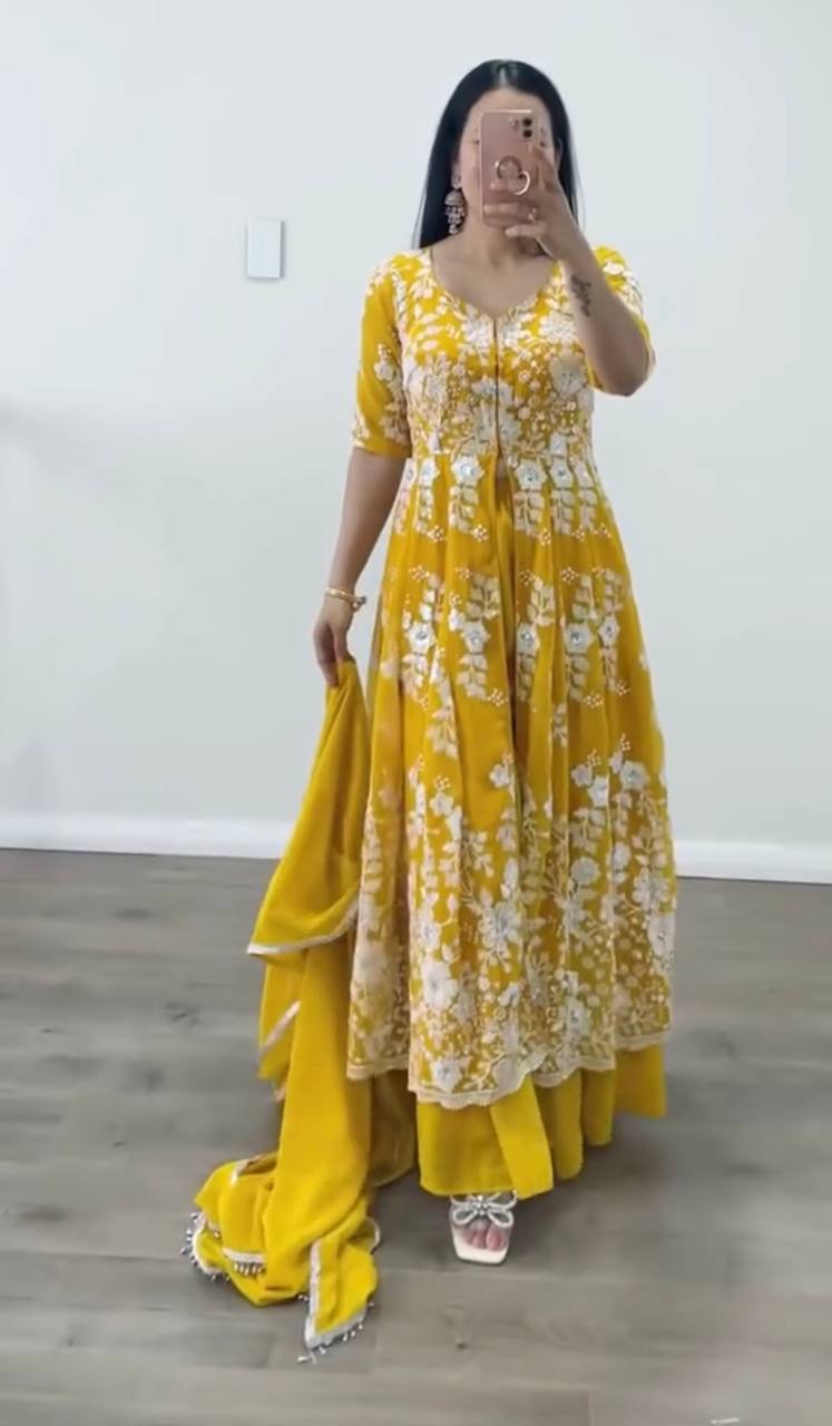 yellow Color Embroidery work Top sharara with dupatta