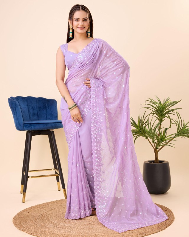 Violet Organza Sequence Embroidery Work Saree