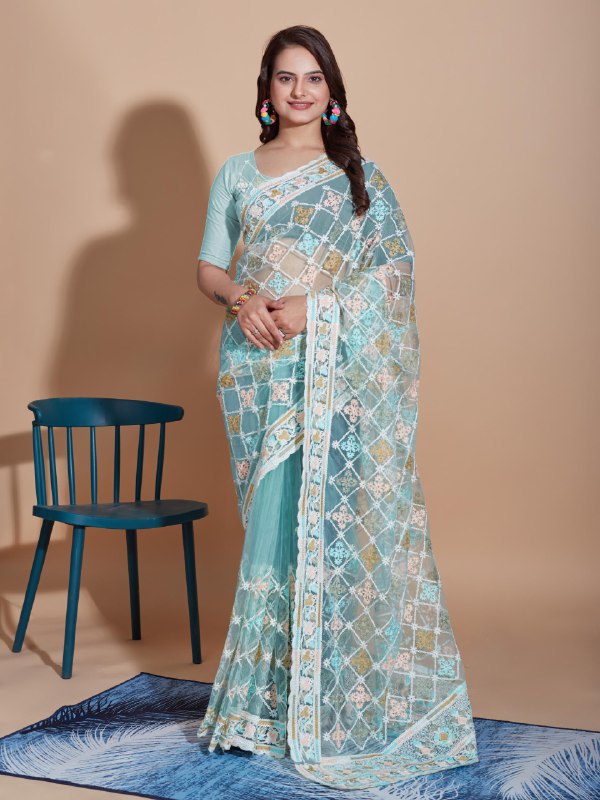 Rama Embroidery Work Saree In Net Fabric