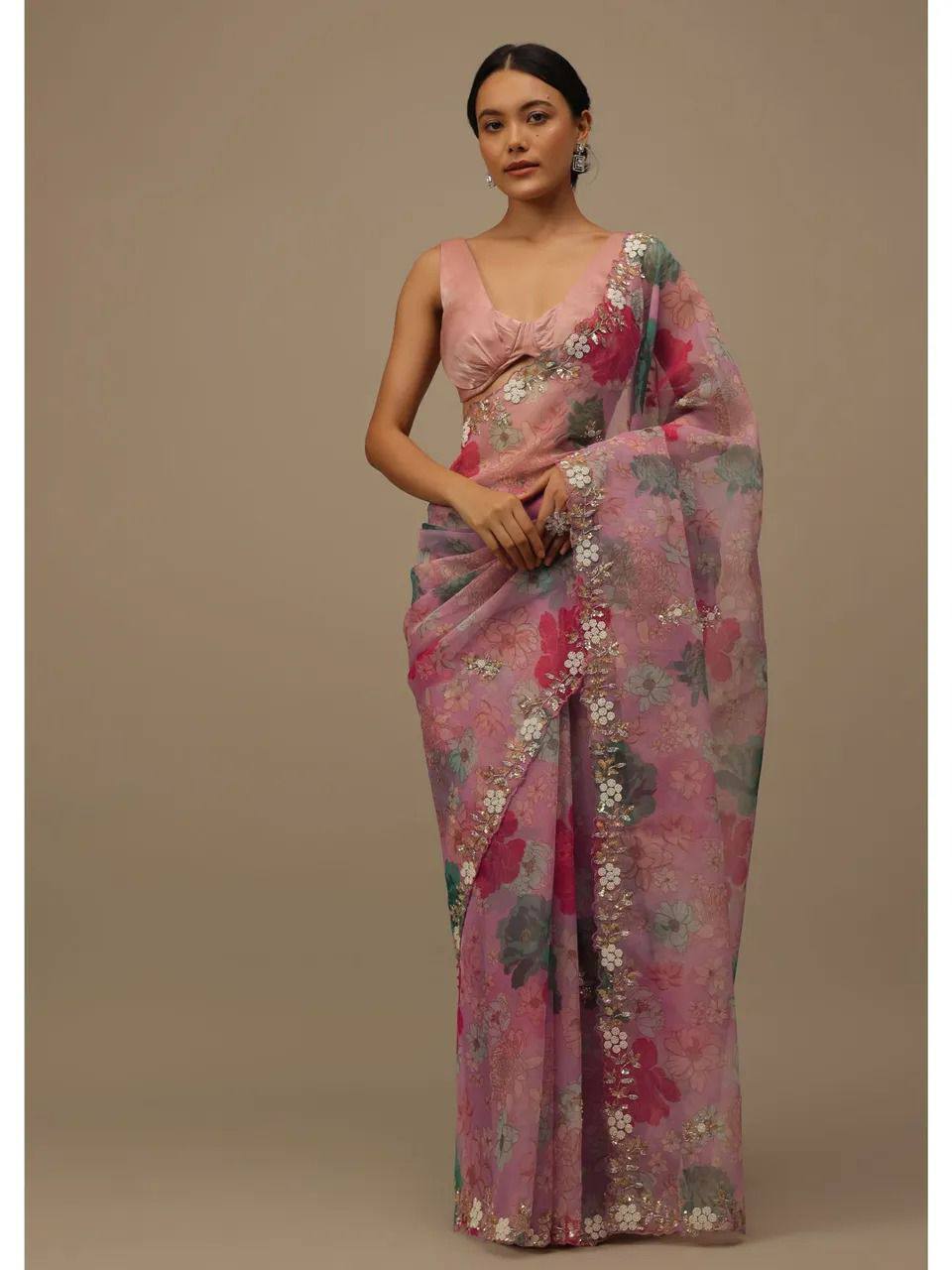 Light Pink Organza Embroidery Work Saree