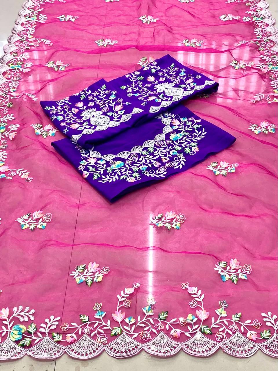 Pink Color Georgette Embroidery Work Saree