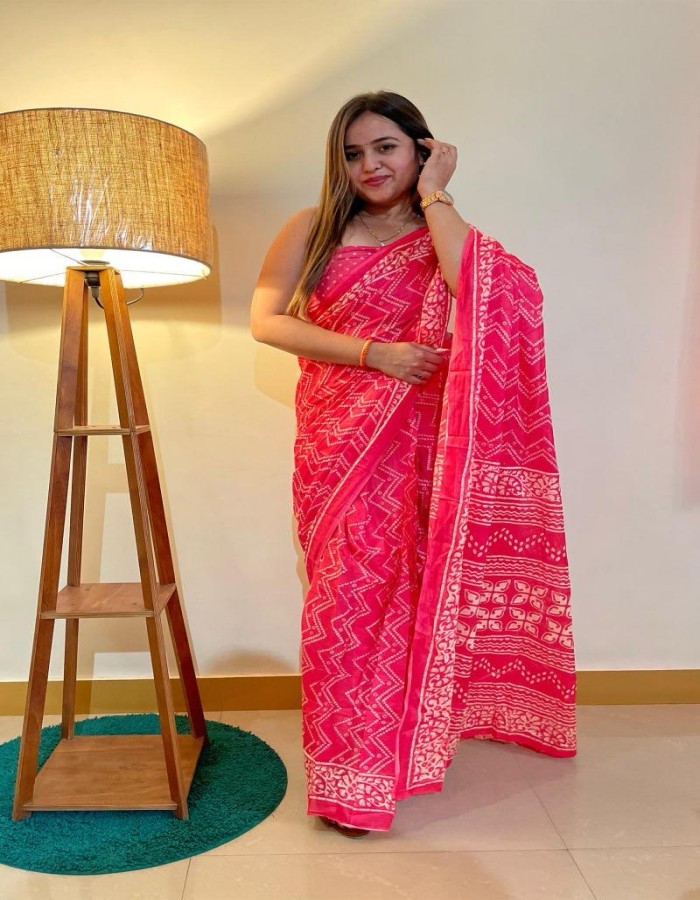 Light Pink Cotton Printed Saree