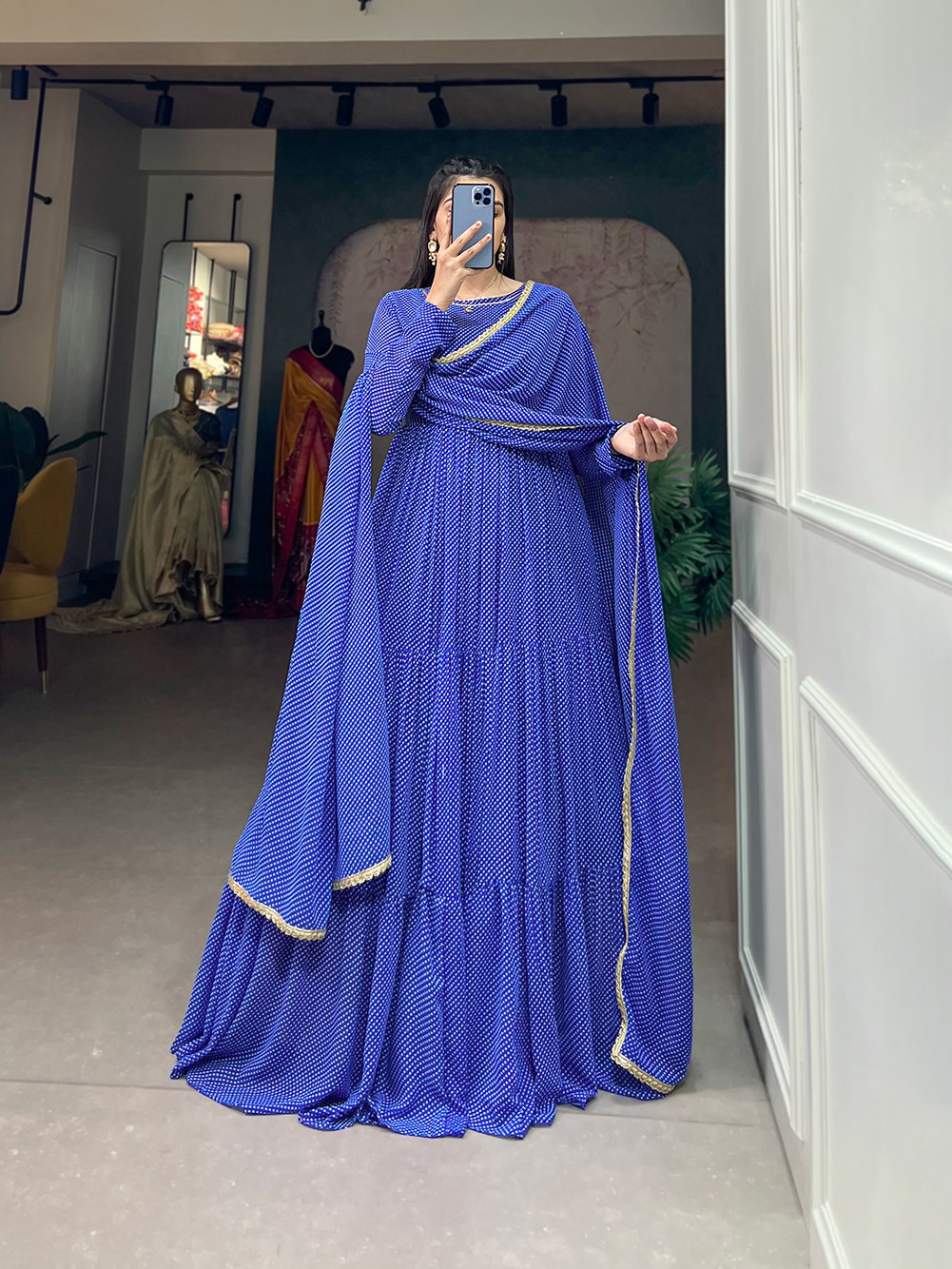 Royal Blue Color Printed Gown With Dupatta