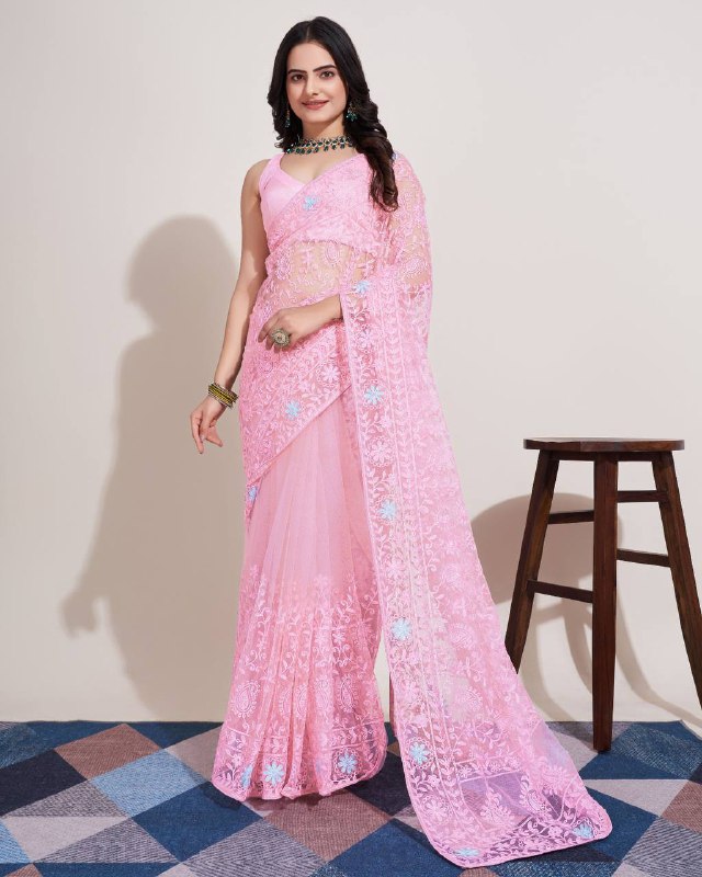 Baby Pink color Net Embroidery Work saree