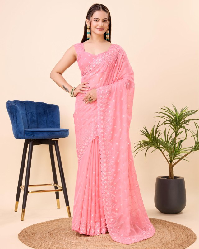 Pink Organza Sequence Work Saree