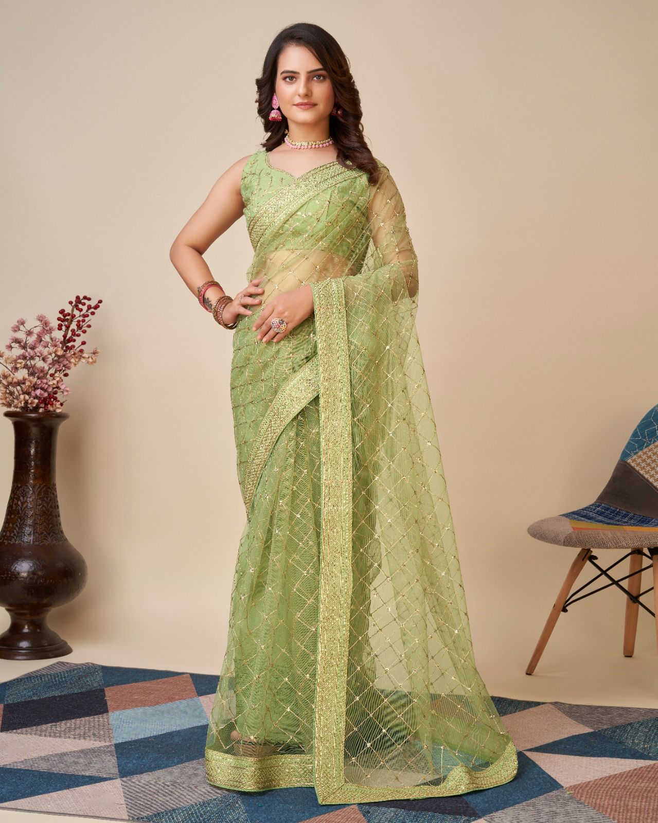 Green Soft Net Embroidery Work Saree