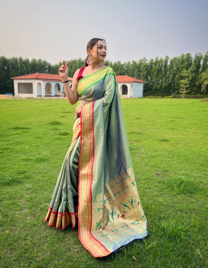 Pista Green Color Soft Paithani Silk Saree