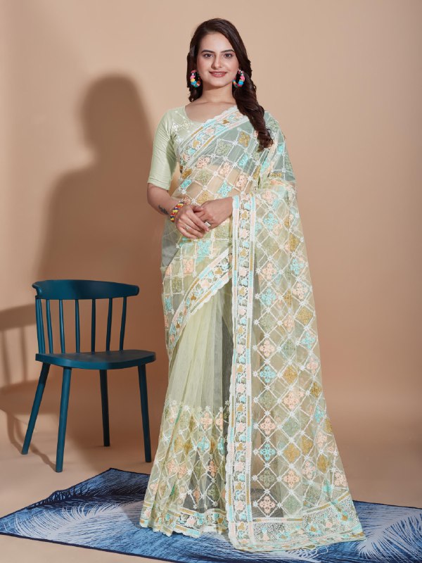 Cream Net Embroidery Work Saree