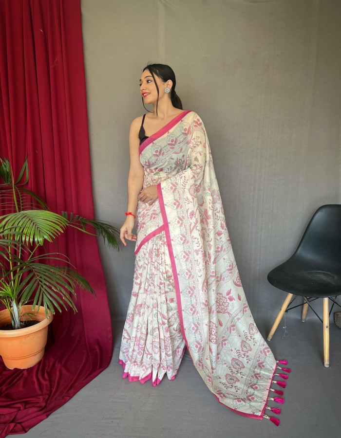 Pink Color Cotton Printed Saree