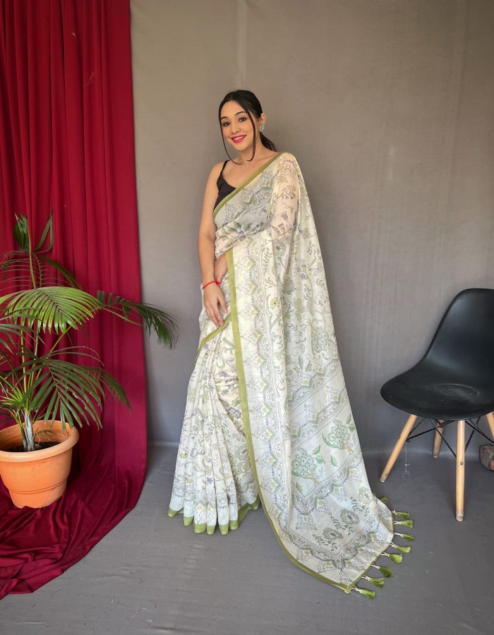 Green Cotton Printed Saree