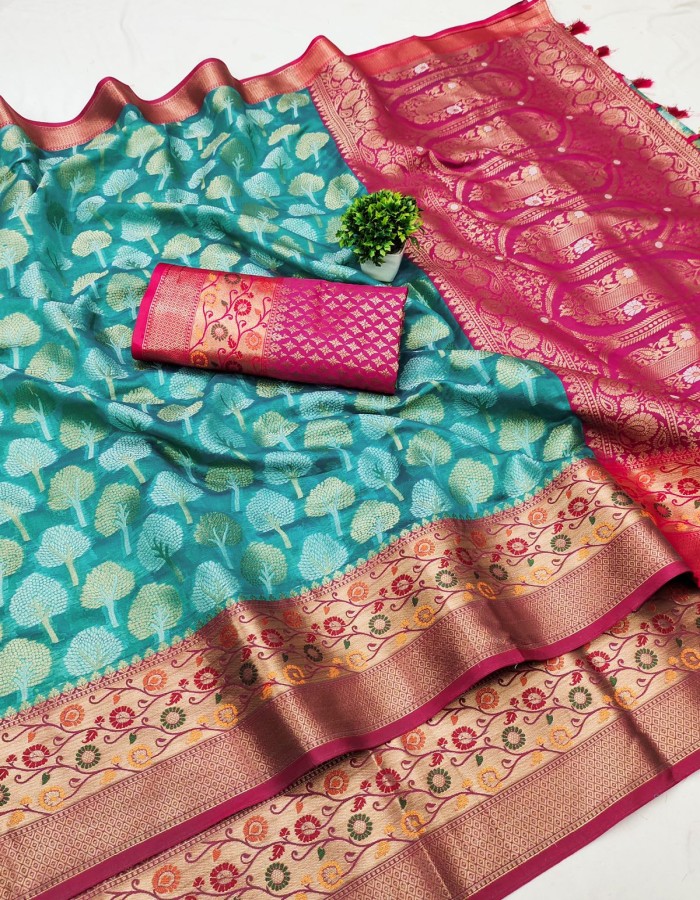 Rama Color Organza Silk Saree