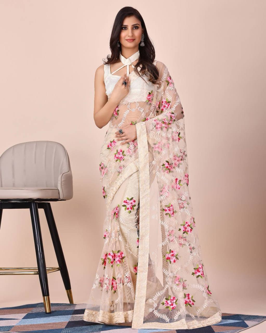 White Color Soft Net Embroidery Work Saree