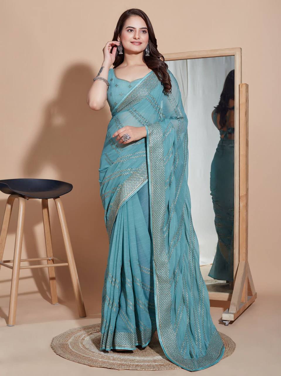 Rama Embroidery Work Saree