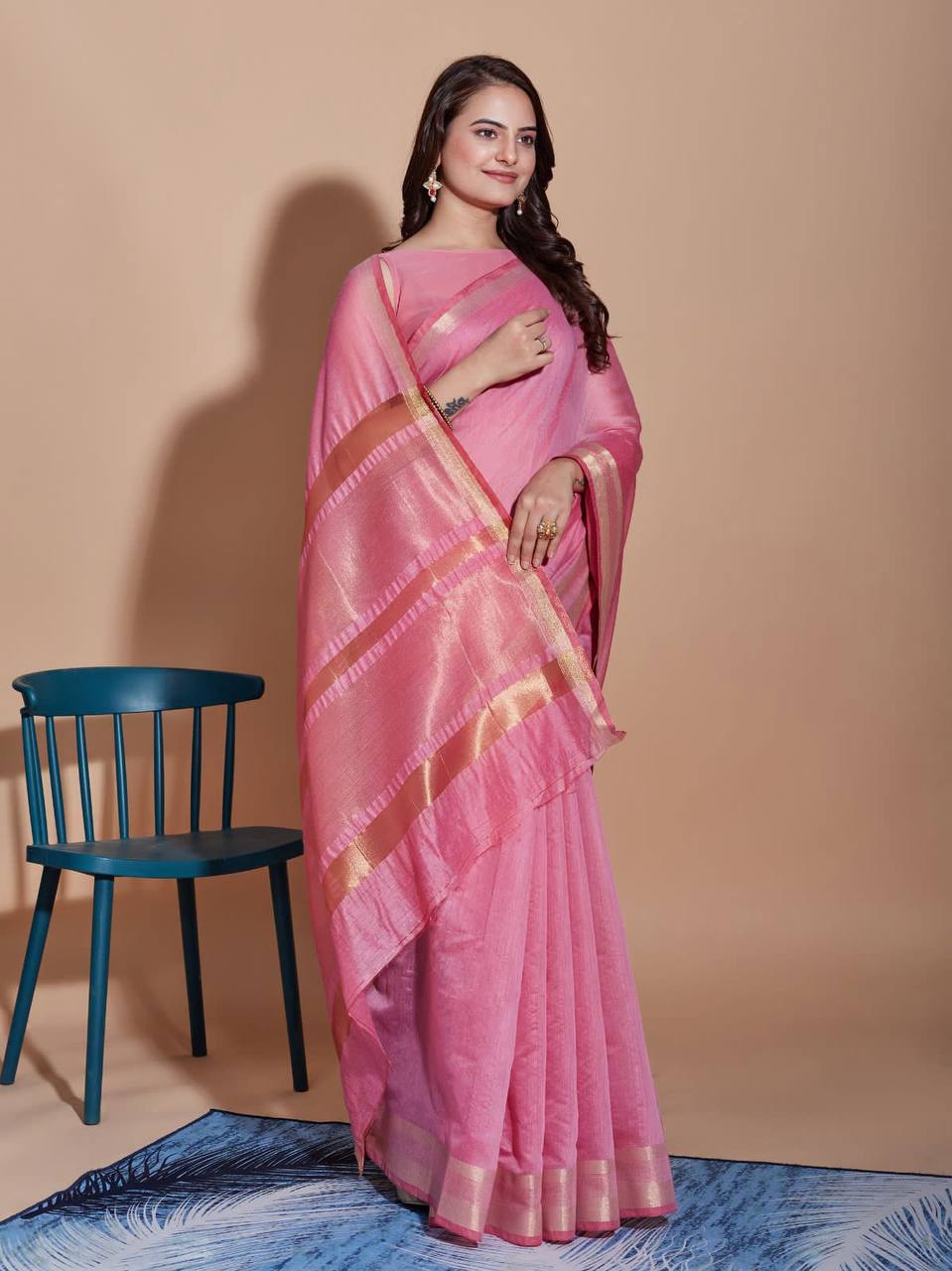 Pink Plain Cotton Silk Saree