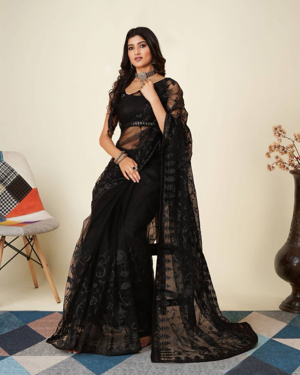 Black Color Soft Net Work Saree