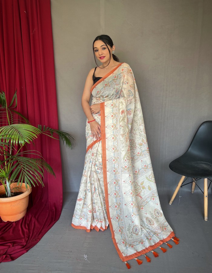 Orange Color Cotton Printed Saree