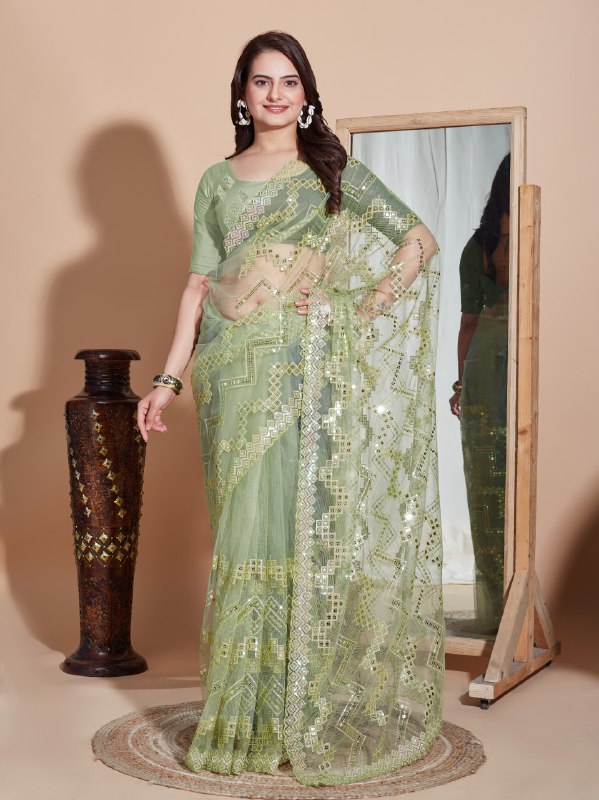 Pista Green Color Soft Net  Embroidery Work Saree